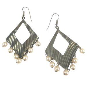 Vintage-Inspired Geometric Dangle Earrings With Pearls & Textured Metal Design